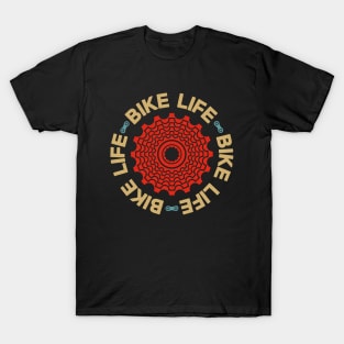 Red bicycle cassette with Bike Life legend over black background T-Shirt